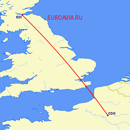 перелет Париж — Эдинбург на карте