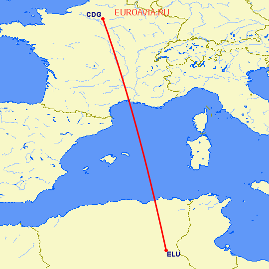 перелет Париж — El Oued на карте