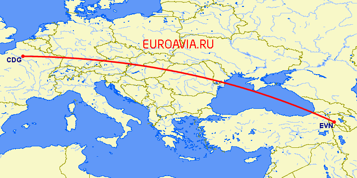 перелет Париж — Ереван на карте