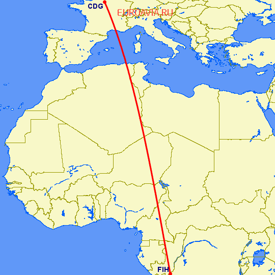 перелет Париж — Киншаса на карте