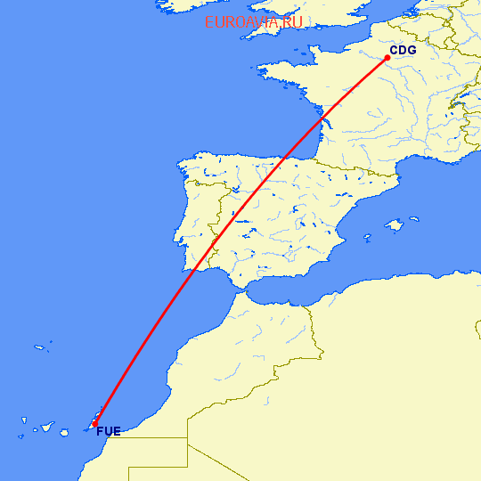перелет Париж — Пуэрто дель Росарио на карте