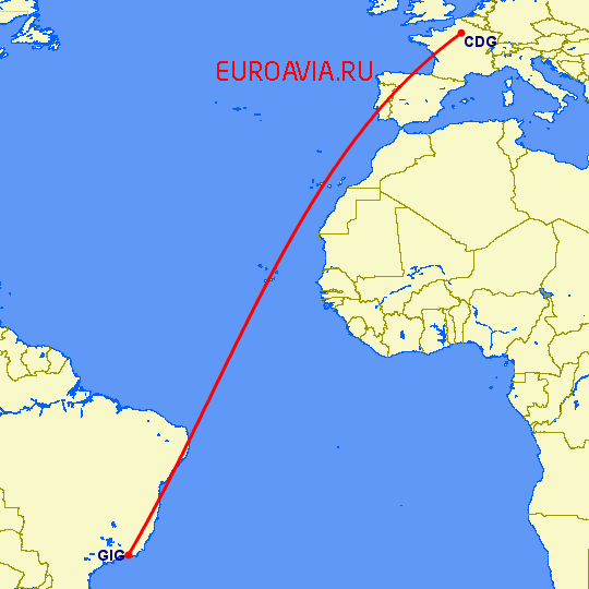 перелет Париж — Рио-де-Жанейро на карте