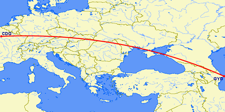 перелет Париж — Баку на карте