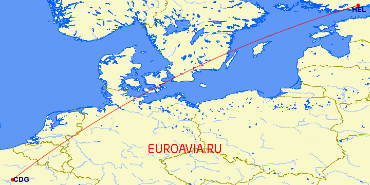 перелет Париж — Хельсинки на карте