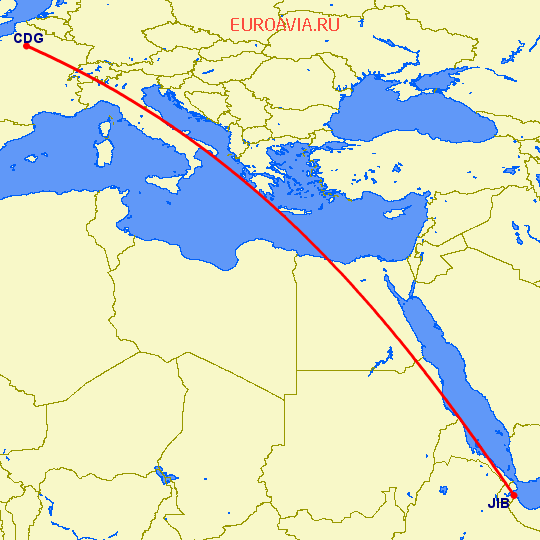 перелет Париж — Джибути на карте
