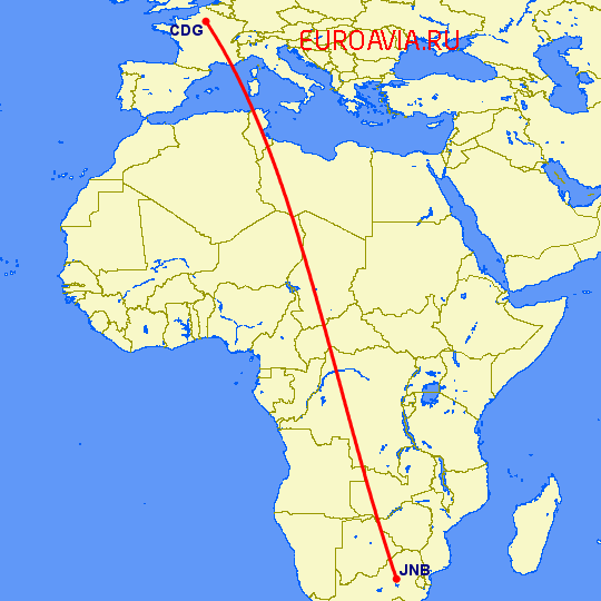 перелет Париж — Йоханнесбург на карте