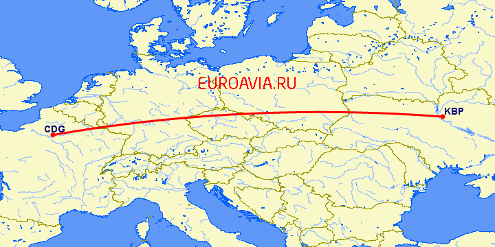 перелет Париж — Киев на карте