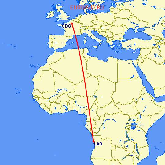 перелет Париж — Луанда на карте