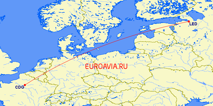 перелет Париж — Санкт Петербург на карте