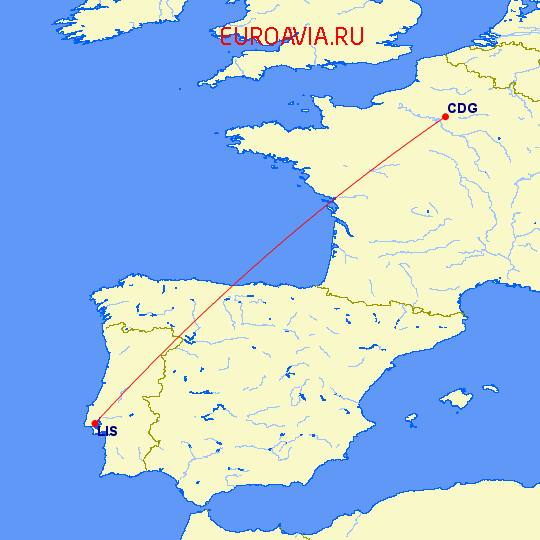 перелет Париж — Лиссабон на карте