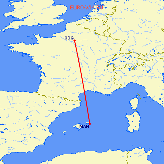 перелет Париж — Менорка на карте
