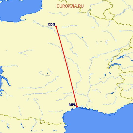 перелет Париж — Монпелье на карте