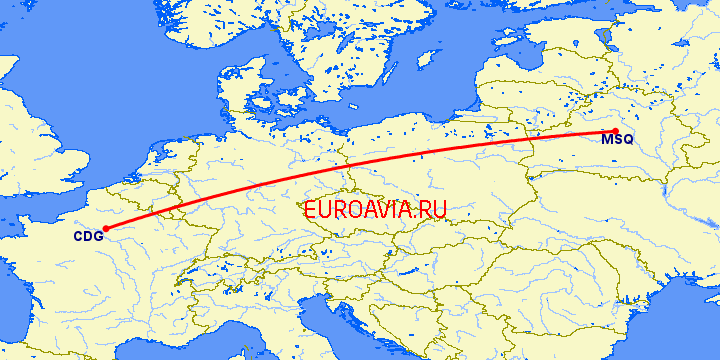 перелет Париж — Минск на карте