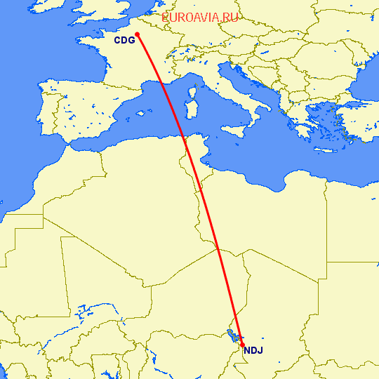 перелет Париж — Нджамена на карте