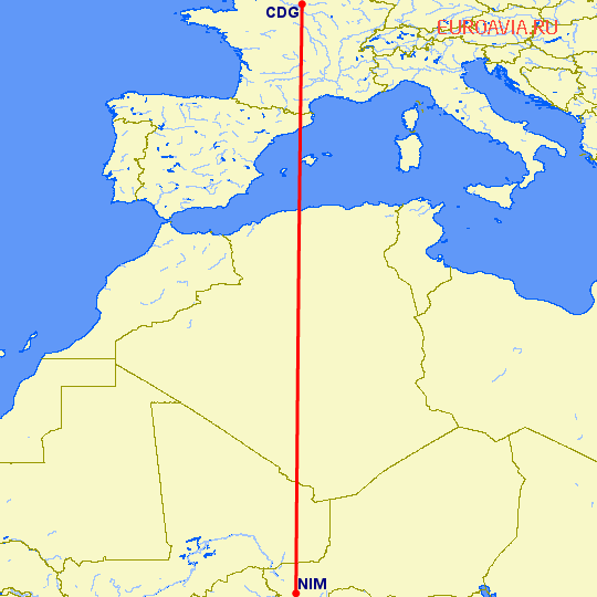 перелет Париж — Ниамей на карте