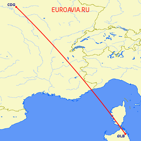 перелет Париж — Costa Smeralda на карте