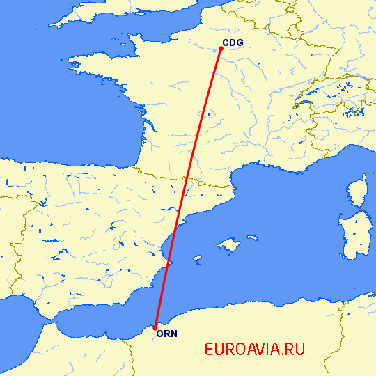 перелет Париж — Оран на карте