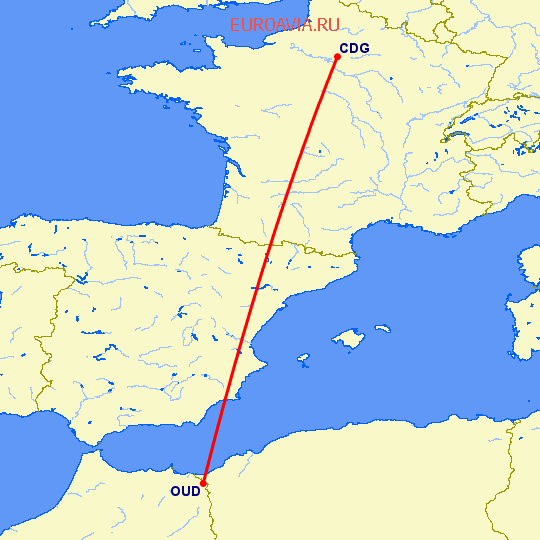 перелет Париж — Уджда на карте