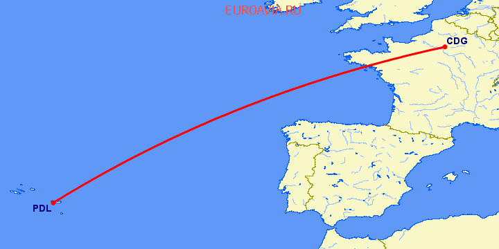 перелет Париж — Ponta Delgada на карте