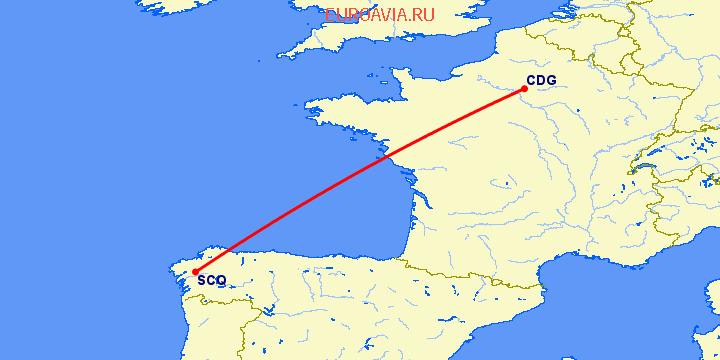 перелет Париж — Сантьяго де Компостела на карте