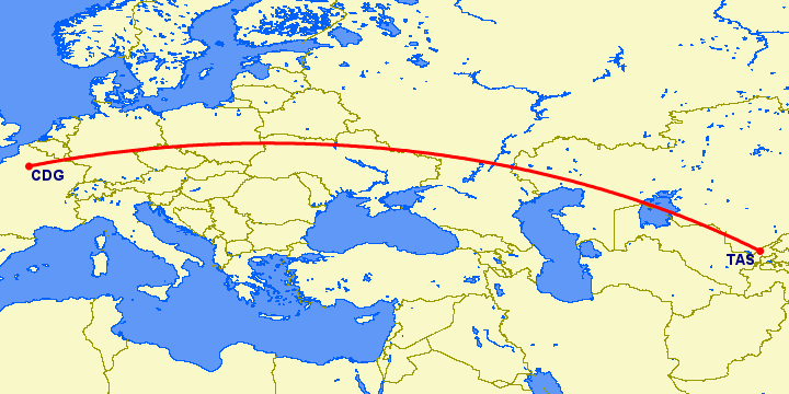 перелет Париж — Ташкент на карте