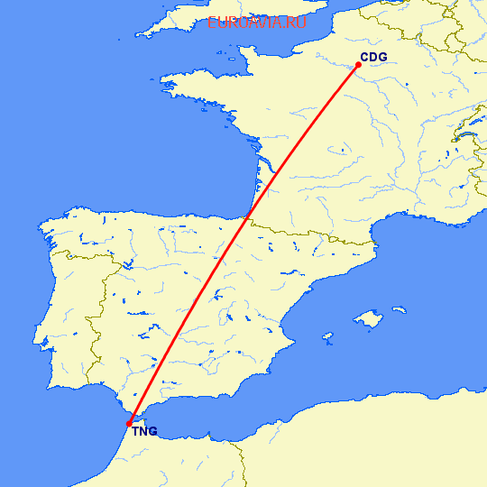 перелет Париж — Танжер на карте