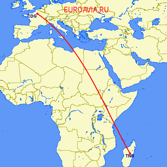 перелет Париж — Антананариву на карте