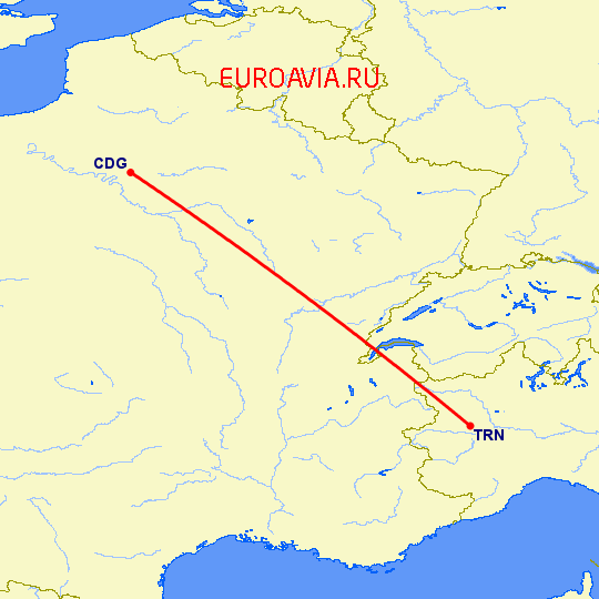 перелет Париж — Турин на карте