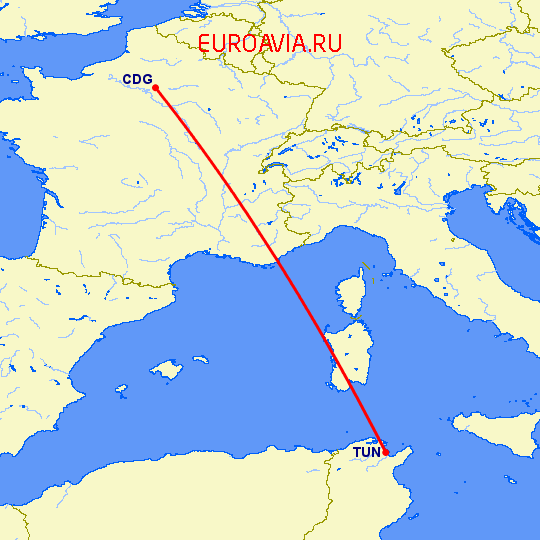 перелет Париж — Тунис на карте