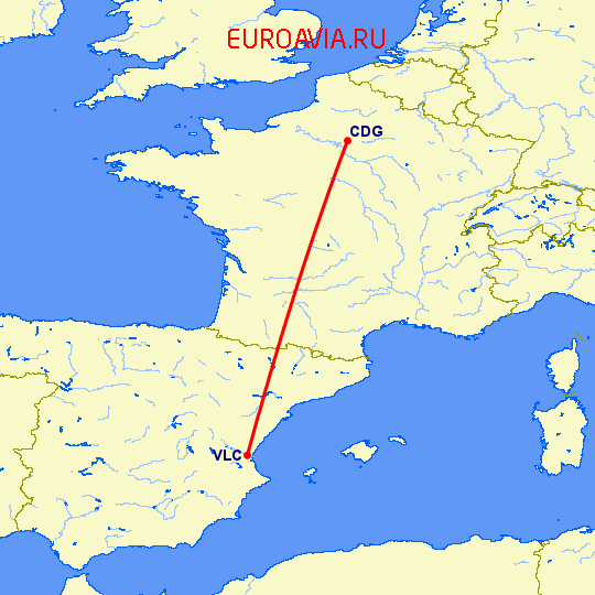 перелет Париж — Валенсия на карте