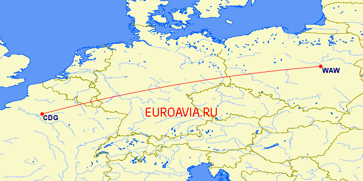 перелет Париж — Варшава на карте