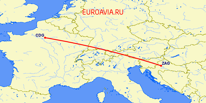 перелет Париж — Загреб на карте