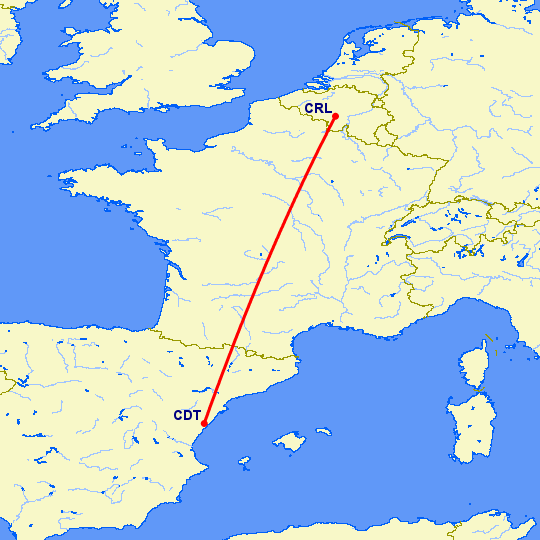 перелет Кастельон де ла Плана — Шарлеруа на карте