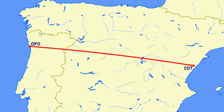 перелет Кастельон де ла Плана — Порту на карте