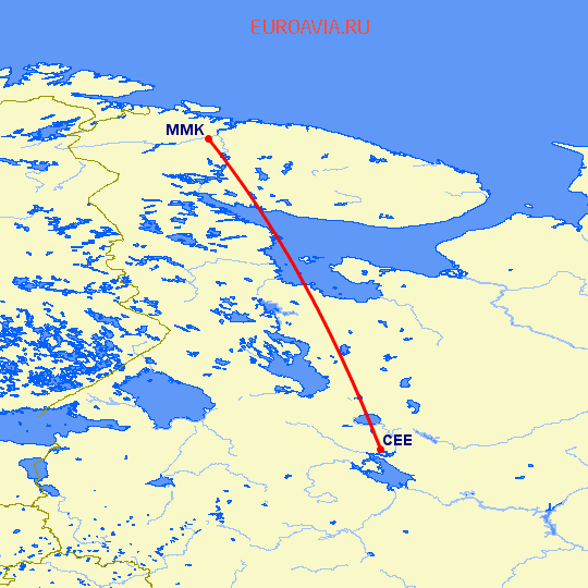 перелет Череповец — Мурманск на карте