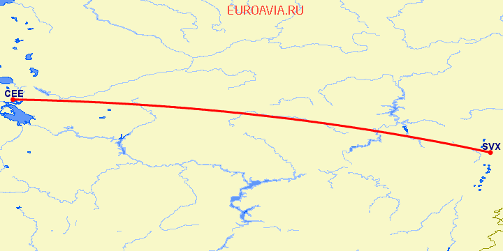перелет Череповец — Екатеринбург на карте