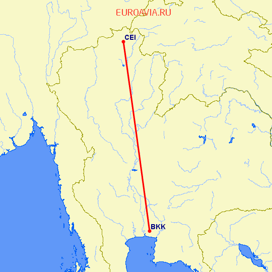 перелет Чианг Рай — Бангкок на карте
