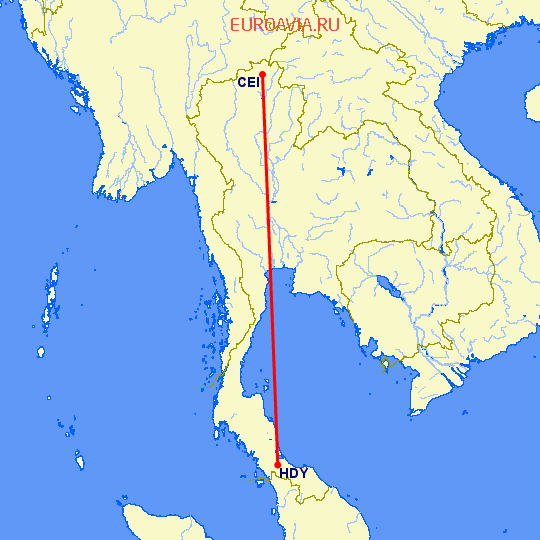 перелет Чианг Рай — Хат Яй на карте
