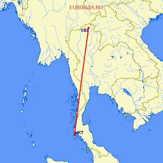 перелет Чианг Рай — Пхукет на карте