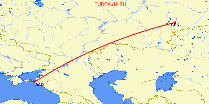 перелет Челябинск — Анапа на карте