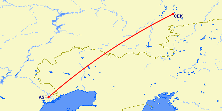 перелет Челябинск — Астрахань на карте