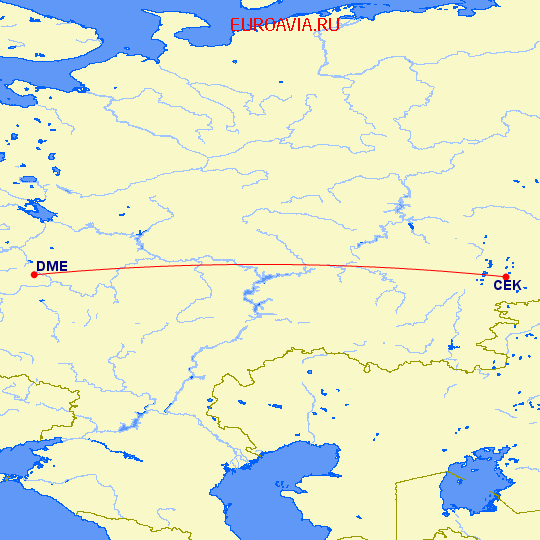перелет Челябинск — Москва на карте