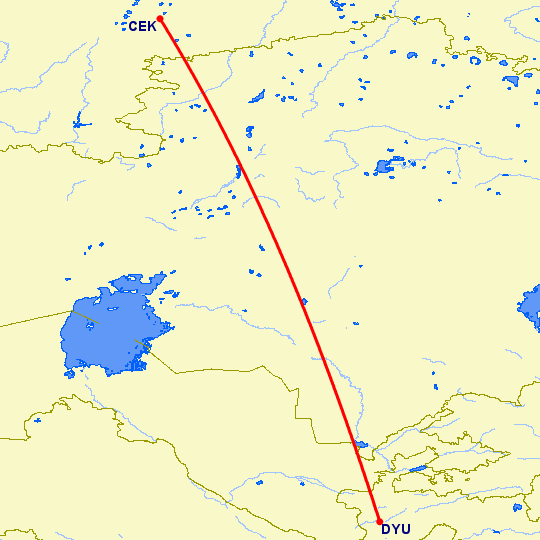 перелет Челябинск — Душанбе на карте