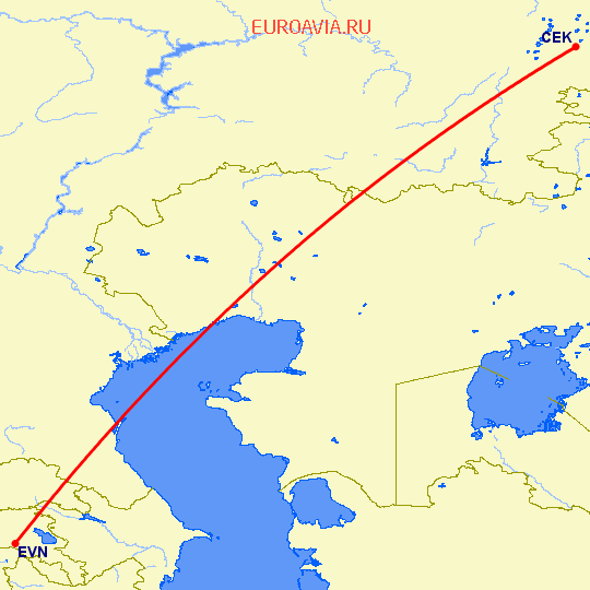перелет Челябинск — Ереван на карте