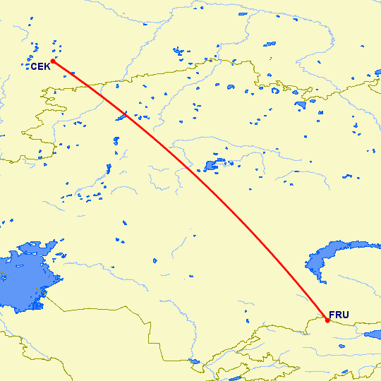перелет Челябинск — Бишкек на карте