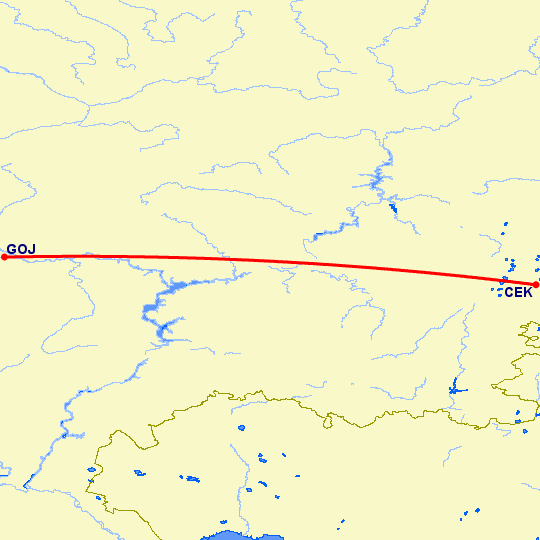 перелет Челябинск — Нижний Новгород на карте