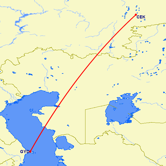 перелет Челябинск — Баку на карте