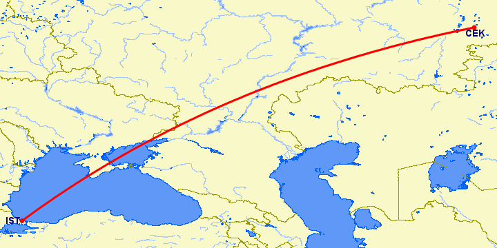 перелет Челябинск — Стамбул на карте