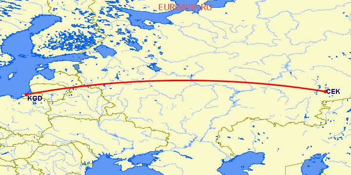 перелет Челябинск — Калининград на карте