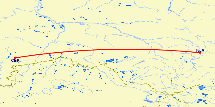 перелет Челябинск — Красноярск на карте